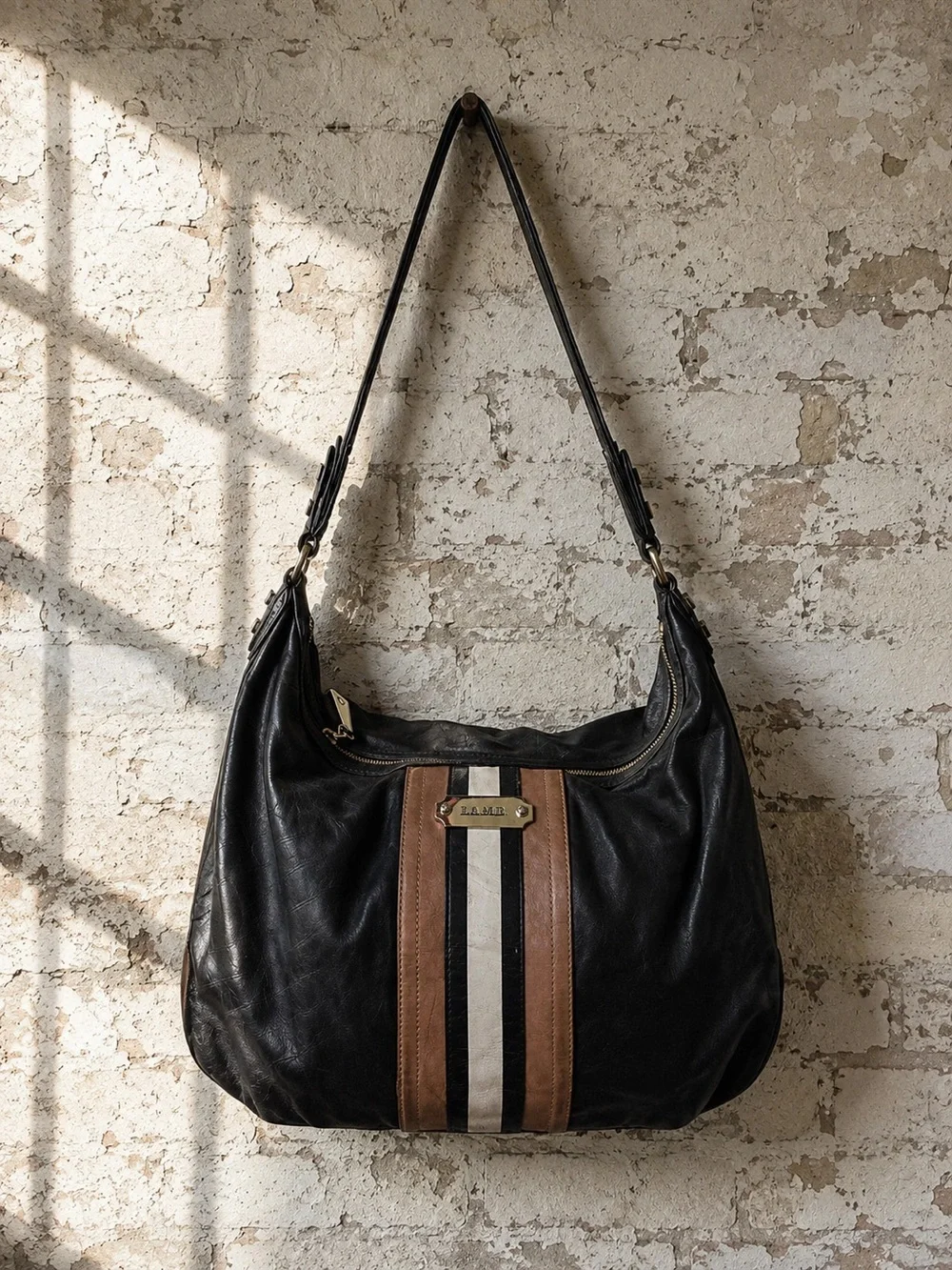 L.A.M.B. Gwen Stefani Genuine Leather Hobo Bag Black Racing Stripe Y2K